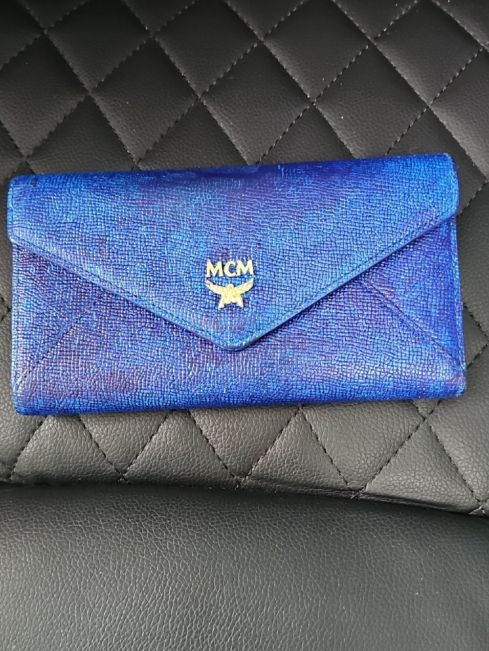 MCM Blue Metallic Envelope Wallet - Signature Logo